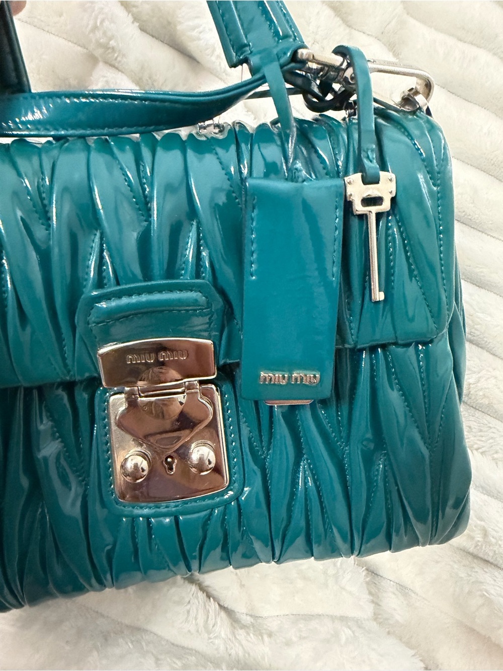 Miu Miu Teal Matelassé Patent Leather Top-Handle Bag - Picture 8 of 16